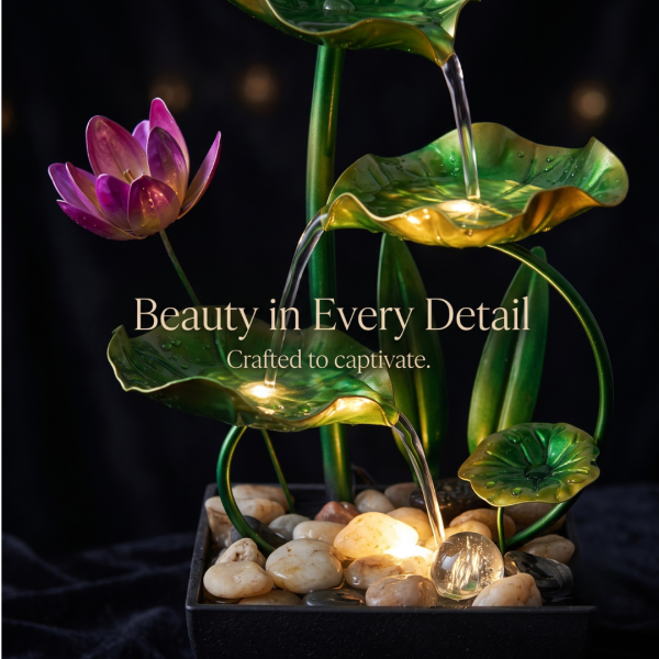 Table Top Water Fountain with Lotus Flower & Leaves, Mini Decorative Indoor Waterfall Fountain for Home, Office, Bedroom, Living Room & Desk
