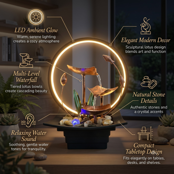 Table Top Water Fountain with Flowers, Fish & Ring Light, LED Decorative Mini Waterfall Fountain for Home, Office, Bedroom & Living Room Décor