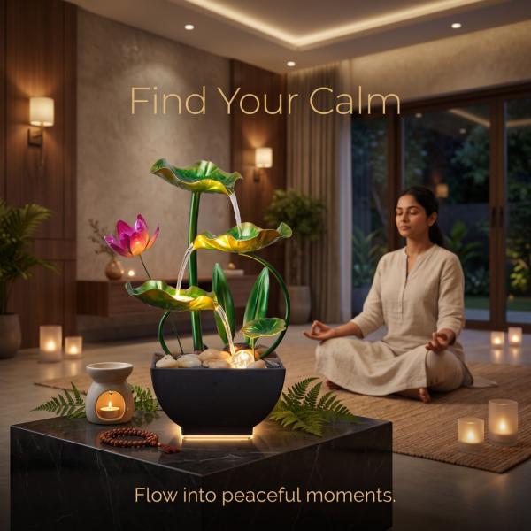 Table Top Water Fountain with Lotus Flower & Leaves, Mini Decorative Indoor Waterfall Fountain for Home, Office, Bedroom, Living Room & Desk