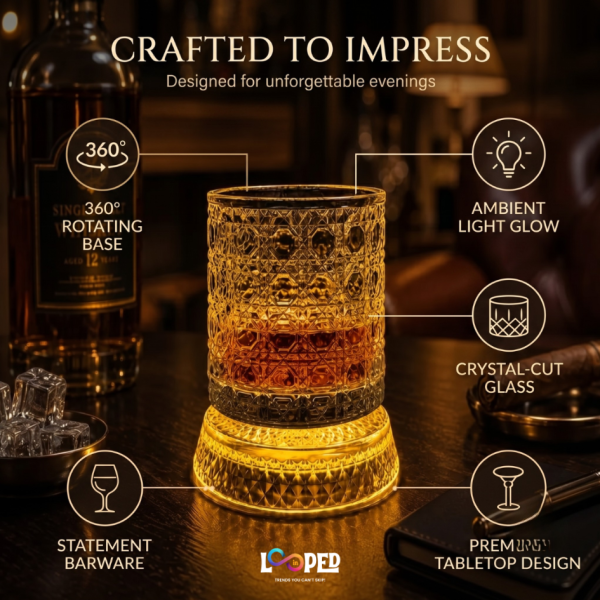 Viral Rotating Whiskey Glasses – 300ml | LED Light 360° Spinning Crystal Old Fashioned Bar Glass | Carved Cut Rocks Glasses for Whiskey, Scotch, Bourbon, Brandy