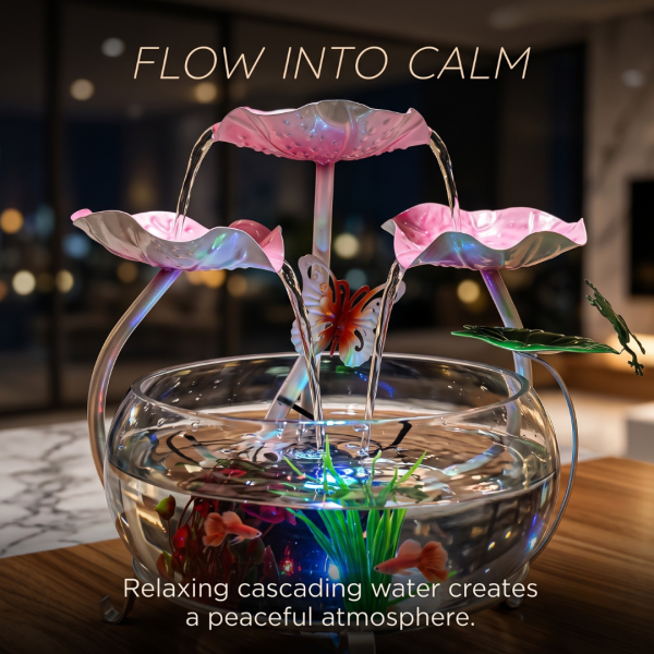 Table Top Water Fountain with Glass Bowl, Butterfly, Frog & Flower, Decorative Mini Indoor Waterfall Fountain for Home, Office, Bedroom & Living Room