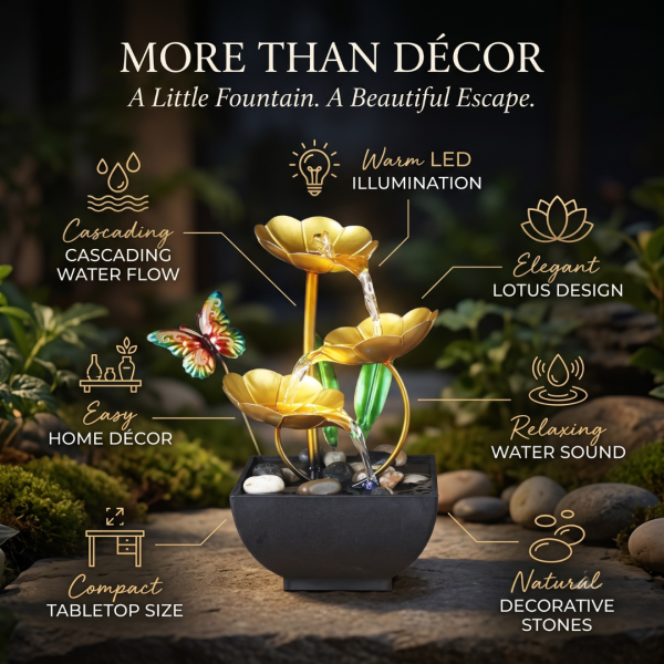 Table Top Water Fountain with Golden Flowers & Butterfly, Decorative Mini Waterfall Fountain for Home, Office, Bedroom, Living Room & Desk Décor
