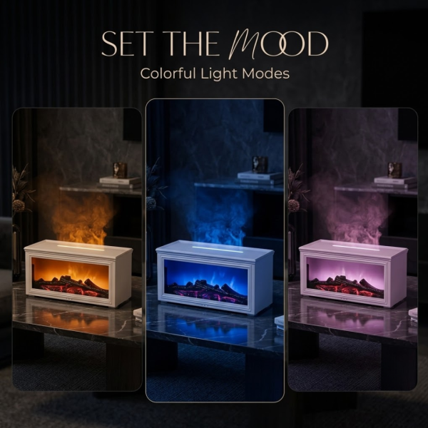 Fireplace Flame Aroma Diffuser with Realistic Flame Effect, Ultrasonic Essential Oil Humidifier, Auto Timer, LED Night Light for Home Office (White)