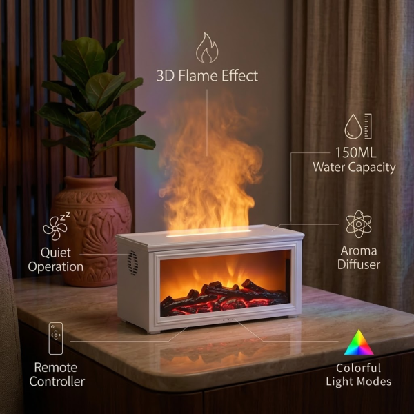 Fireplace Flame Aroma Diffuser with Realistic Flame Effect, Ultrasonic Essential Oil Humidifier, Auto Timer, LED Night Light for Home Office (White)