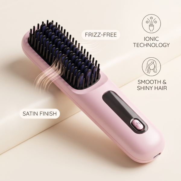 Cordless Hair Straightener Brush for Women, Portable Rechargeable Hair Straightening Comb with 3 Heat Settings, 4000mAh Battery, USB-C Charging, Negative Ion Technology, Compact Travel Hair Styler