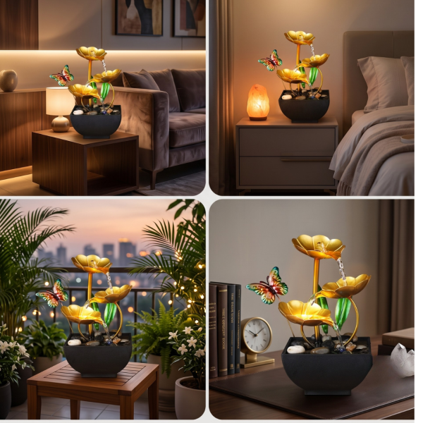 Table Top Water Fountain with Golden Flowers & Butterfly, Decorative Mini Waterfall Fountain for Home, Office, Bedroom, Living Room & Desk Décor