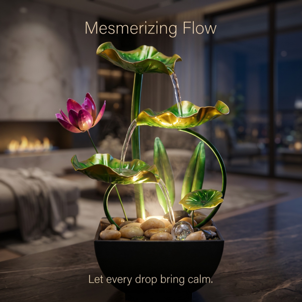 Table Top Water Fountain with Lotus Flower & Leaves, Mini Decorative Indoor Waterfall Fountain for Home, Office, Bedroom, Living Room & Desk