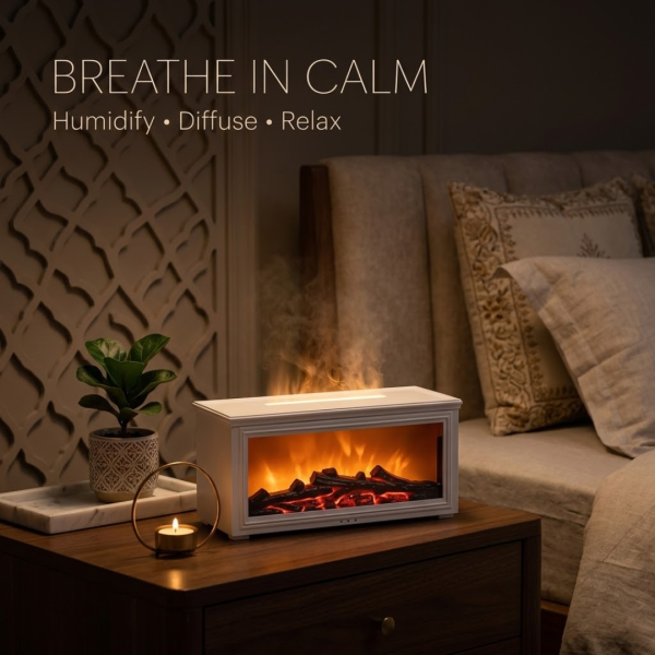 Fireplace Flame Aroma Diffuser with Realistic Flame Effect, Ultrasonic Essential Oil Humidifier, Auto Timer, LED Night Light for Home Office (White)