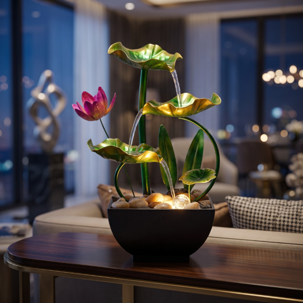 Table Top Water Fountain with Lotus Flower & Leaves, Mini Decorative Indoor Waterfall Fountain for Home, Office, Bedroom, Living Room & Desk