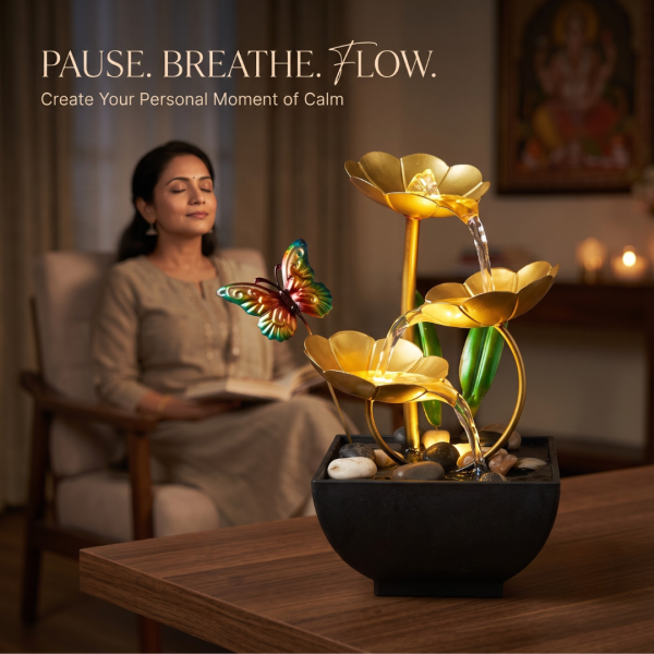 Table Top Water Fountain with Golden Flowers & Butterfly, Decorative Mini Waterfall Fountain for Home, Office, Bedroom, Living Room & Desk Décor