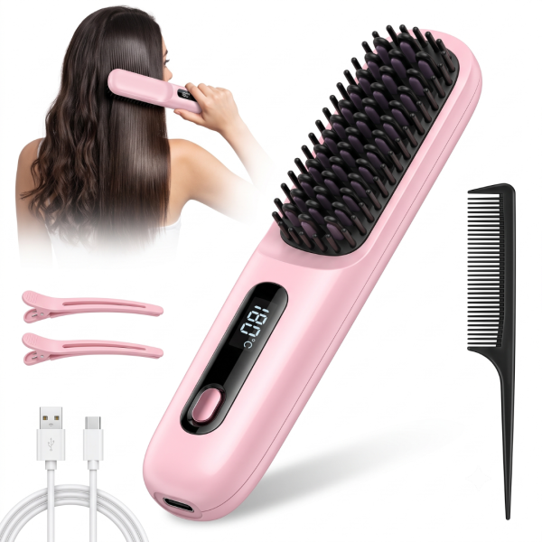 Cordless Hair Straightener Brush for Women, Portable Rechargeable Hair Straightening Comb with 3 Heat Settings, 4000mAh Battery, USB-C Charging, Negative Ion Technology, Compact Travel Hair Styler