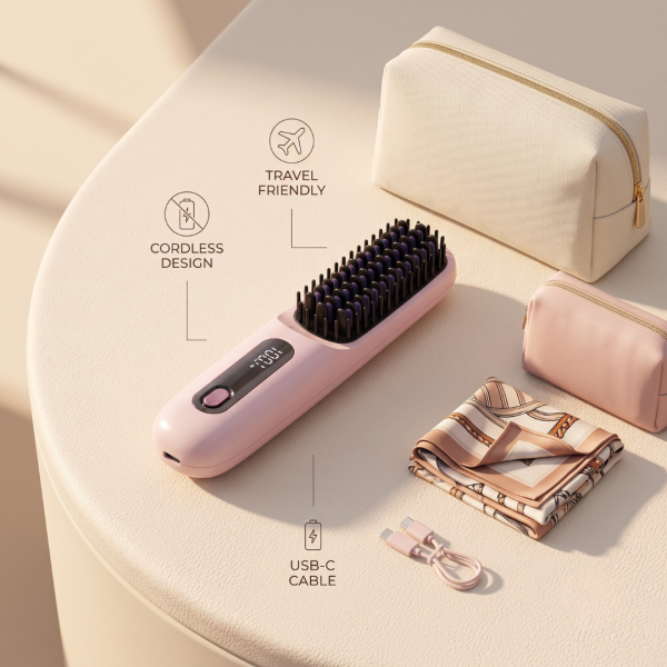 Cordless Hair Straightener Brush for Women, Portable Rechargeable Hair Straightening Comb with 3 Heat Settings, 4000mAh Battery, USB-C Charging, Negative Ion Technology, Compact Travel Hair Styler