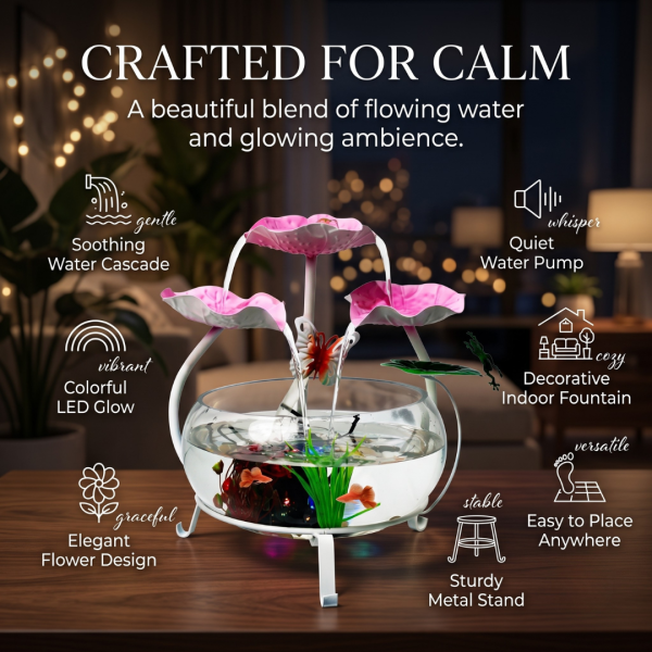 Table Top Water Fountain with Glass Bowl, Butterfly, Frog & Flower, Decorative Mini Indoor Waterfall Fountain for Home, Office, Bedroom & Living Room
