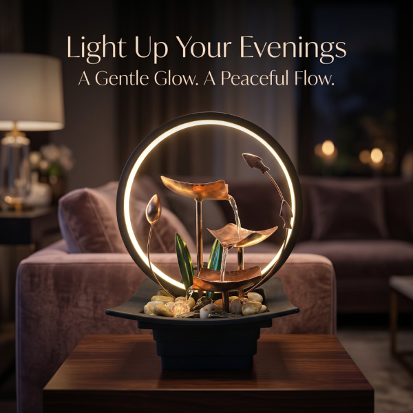 Table Top Water Fountain with Flowers, Fish & Ring Light, LED Decorative Mini Waterfall Fountain for Home, Office, Bedroom & Living Room Décor