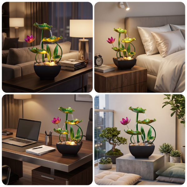 Table Top Water Fountain with Lotus Flower & Leaves, Mini Decorative Indoor Waterfall Fountain for Home, Office, Bedroom, Living Room & Desk
