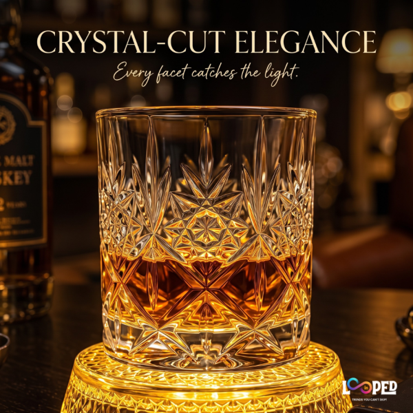 Viral Rotating Whiskey Glasses – 300ml | LED Light 360° Spinning Crystal Old Fashioned Bar Glass | Carved Cut Rocks Glasses for Whiskey, Scotch, Bourbon, Brandy