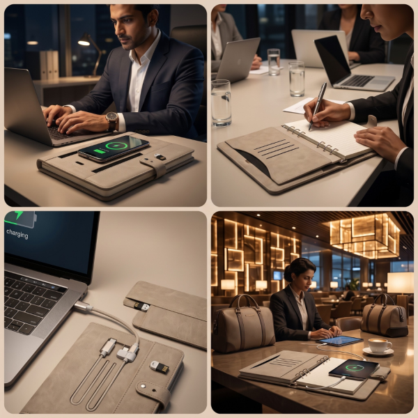 Executive Leather Diary with Hidden 16GB USB Drive, 10000mAh Power Bank, Phone Stand, LED Lamp & Charging Cables