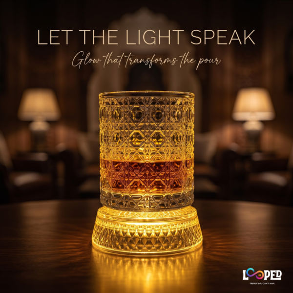 Viral Rotating Whiskey Glasses – 300ml | LED Light 360° Spinning Crystal Old Fashioned Bar Glass | Carved Cut Rocks Glasses for Whiskey, Scotch, Bourbon, Brandy
