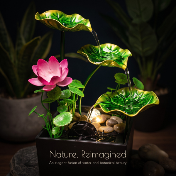 Table Top Water Fountain with Square Base, Lotus Flower & Leaves, Decorative Mini Indoor Waterfall Fountain for Home, Office, Bedroom & Living Room