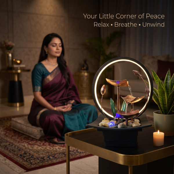 Table Top Water Fountain with Flowers, Fish & Ring Light, LED Decorative Mini Waterfall Fountain for Home, Office, Bedroom & Living Room Décor